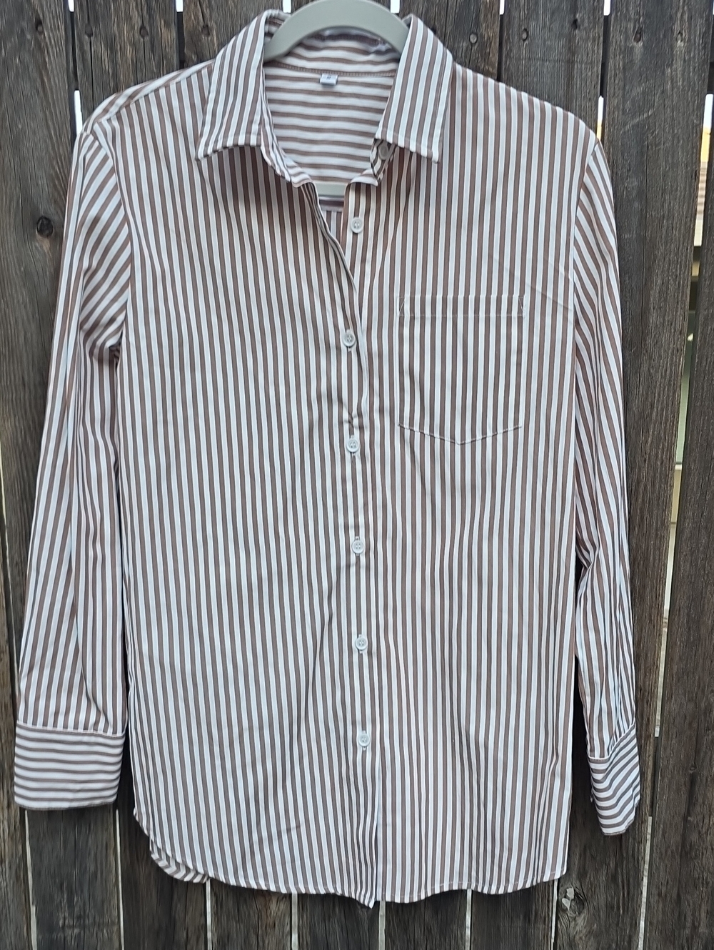 Siliteelon Luxury‎ Women's Tan and White Striped Button-Down Baggy Shirt Preppy